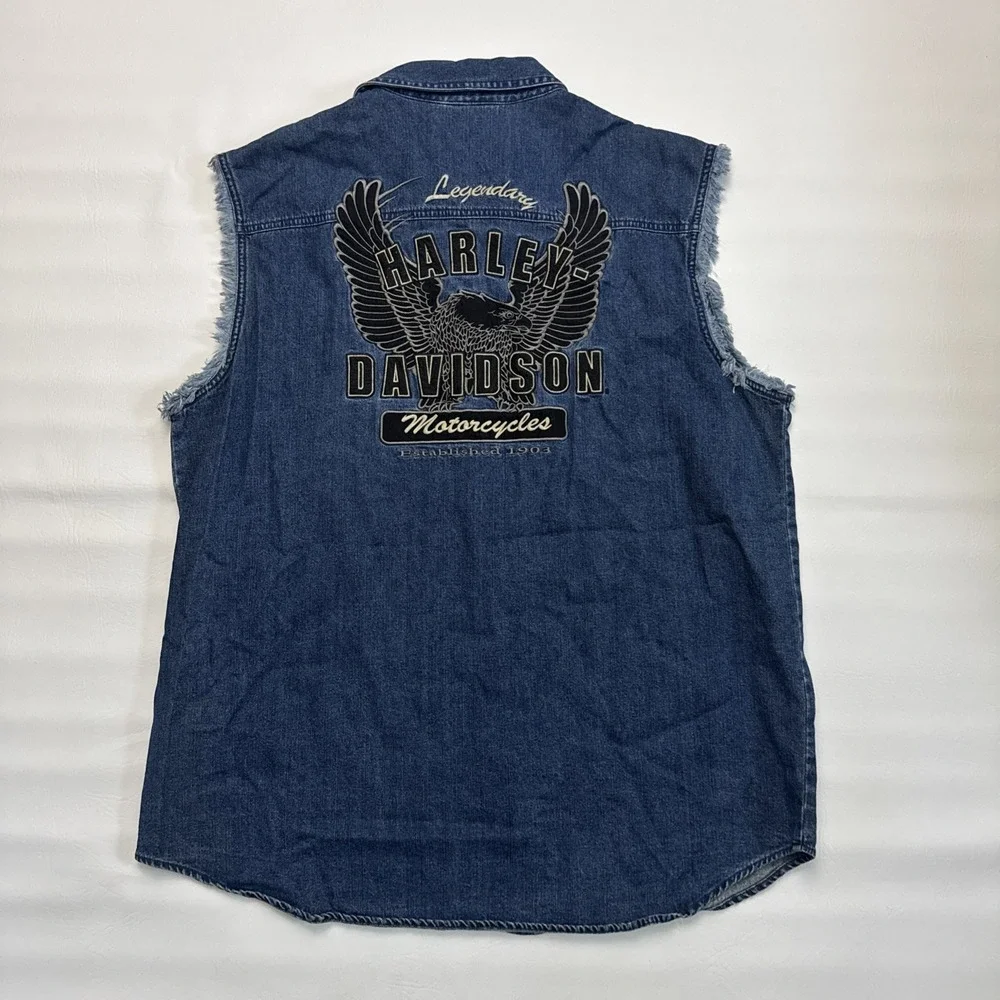 Harley-Davidson Embroidered Eagle Blue Frayed Denim Jean Mens Snap Vest Size X-L